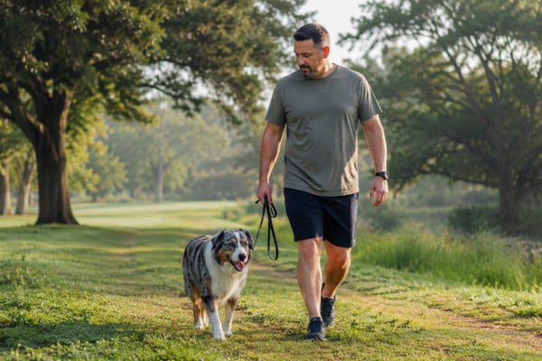 Senior Australian Shepherd taking a gentle walk beside his owner on a quiet grassy path