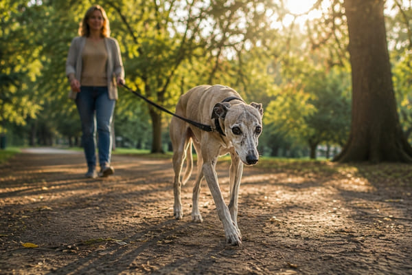 Senior Whippet walking slowly on a natural trail with an owner nearby
