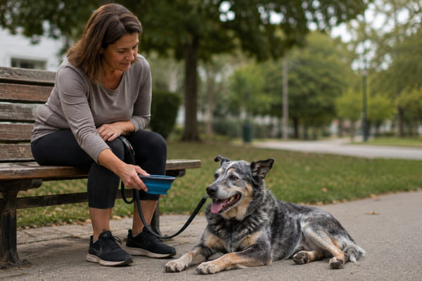 Senior dog resting beside his owner after a gentle walk in a quiet park