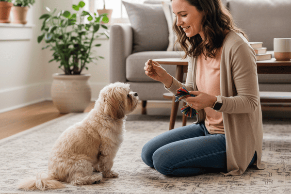 Little dog obeying the command to sit.