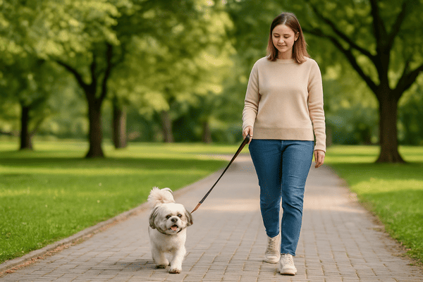 A little dog walking in the park with its owner.