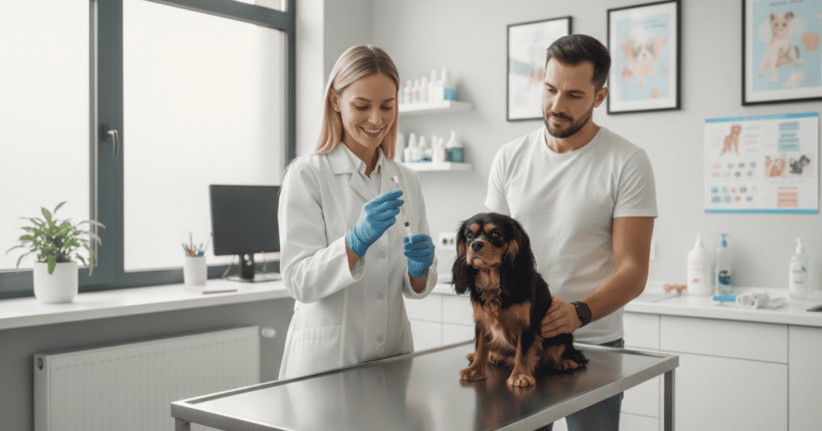 A veterinarian preparing a vaccine while a small dog sits calmly in the clinic