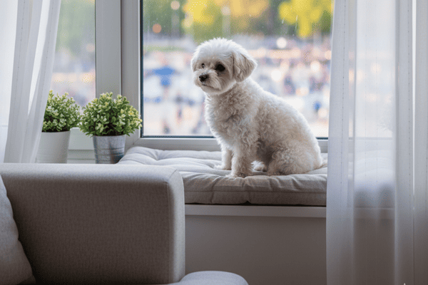 A small dog looking out of an apartment window