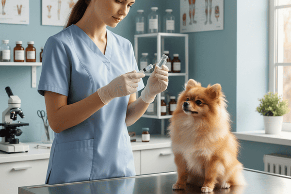 A veterinarian preparing a vaccine while a small dog sits calmly in the clinic