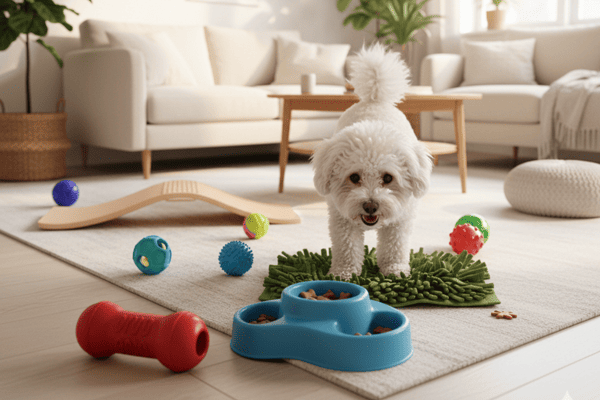 A happy puppy inside an apartment
