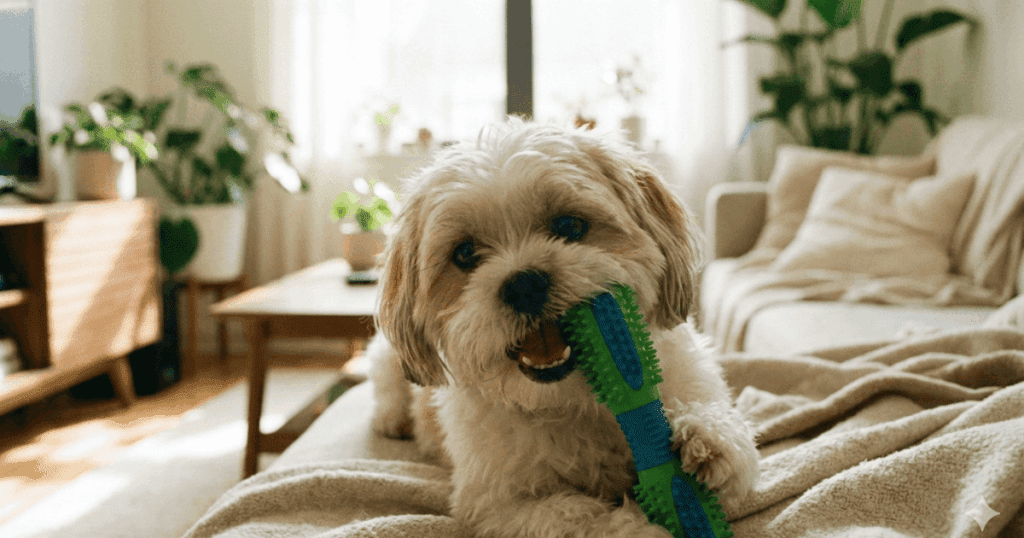 A happy small dog playing with a dental chew toy