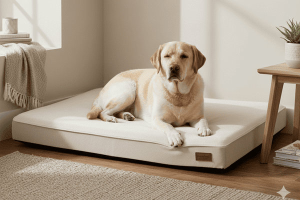 A large, calm dog lying comfortably on an orthopedic bed