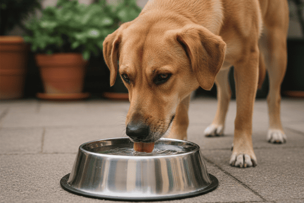 A medium-sized dog drinking from a clean stainless-steel water bowl.