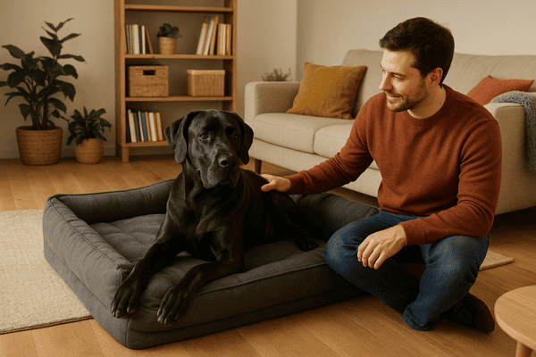 A dog owner petting a large dog resting comfortably on an orthopedic bed