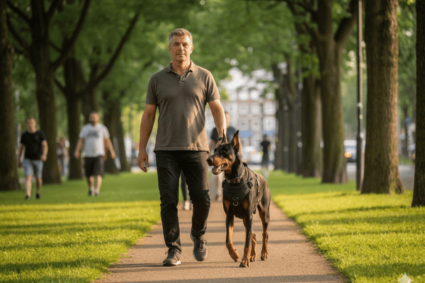 An owner walking a large, energetic dog using a no-pull harness, both looking relaxed and comfortable.