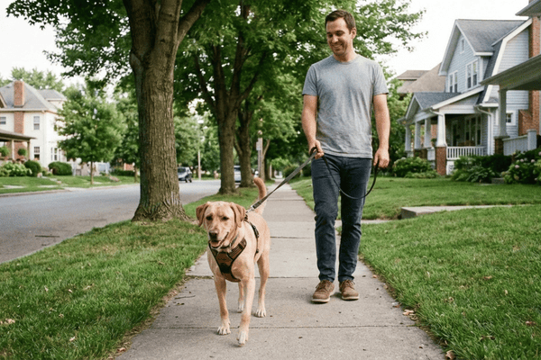 A medium-sized dog wearing a well-fitted front-clip harness during a calm walk.