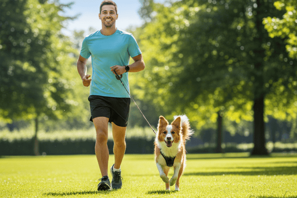 A fit dog running alongside its owner in a sunny park.