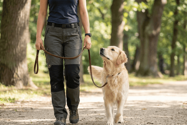 A professional trainer demonstrating leash control techniques with a calm dog.