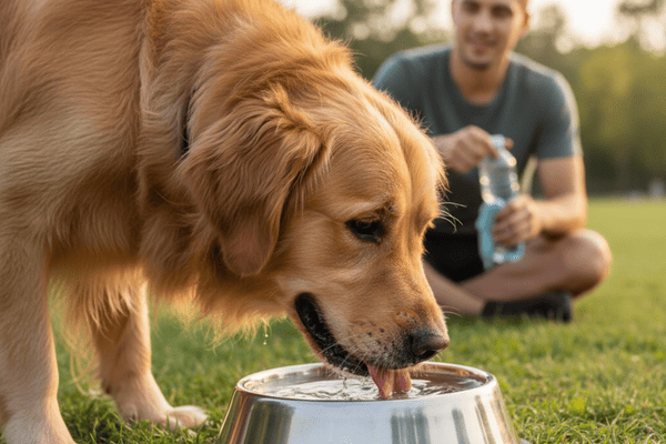 A dog drinking fresh water after a training session