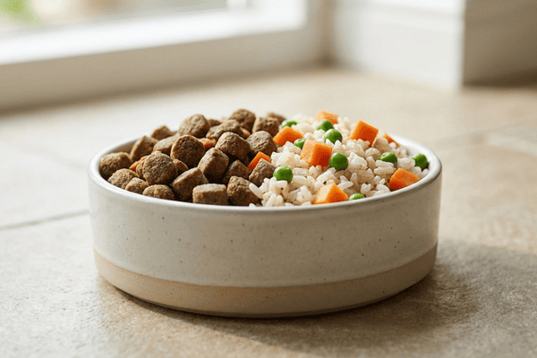 A close-up of a bowl containing balanced dog food.