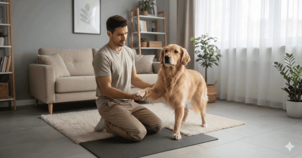 A calm dog stands on a non-slip surface indoors, while its owner gently stretches one of its front paws forward.