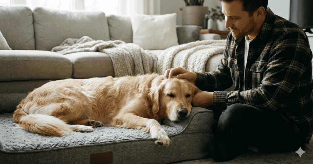 A large, relaxed dog, lying comfortably with its owner gently petting it.
