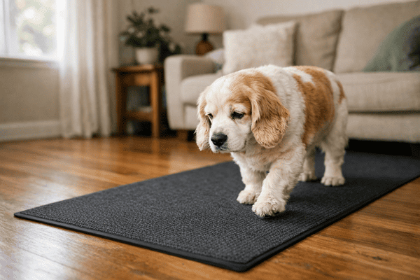 Senior dog with arthritis walking on non-slip rug at home