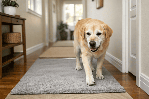 Arthritis senior dog walking safely inside adapted home environment