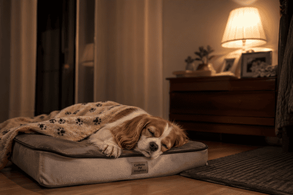 Senior small dog sleeping comfortably on an orthopedic bed at night