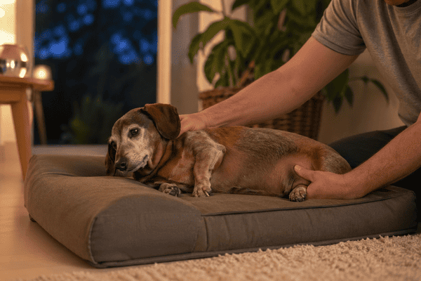 A gentle adjustment by the owner helps the dog find a comfortable sleeping position and reduces pressure on sensitive joints.