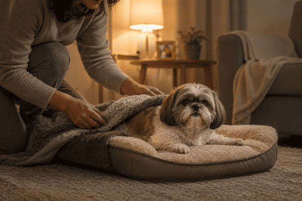 Creating a calm nighttime routine helps senior dogs with arthritis feel safer and more comfortable before sleep.
