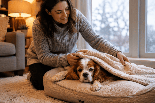 Owner gently covering a senior dog with a soft blanket in a cozy home environment during a cold day.