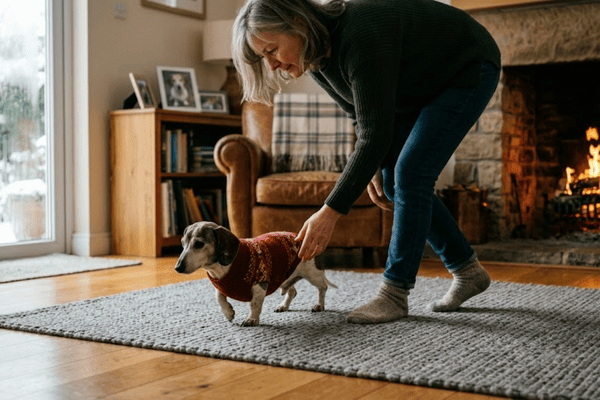 Senior dog slowly walking beside the owner inside a warm home environment during a cold day.