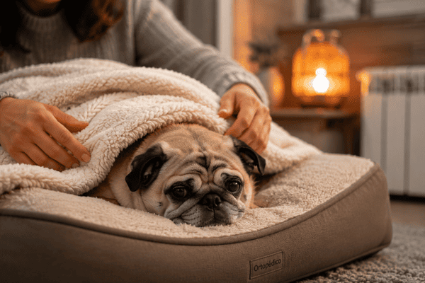 senior dog resting comfortably under a blanket while the owner carefully adjusts the environment.