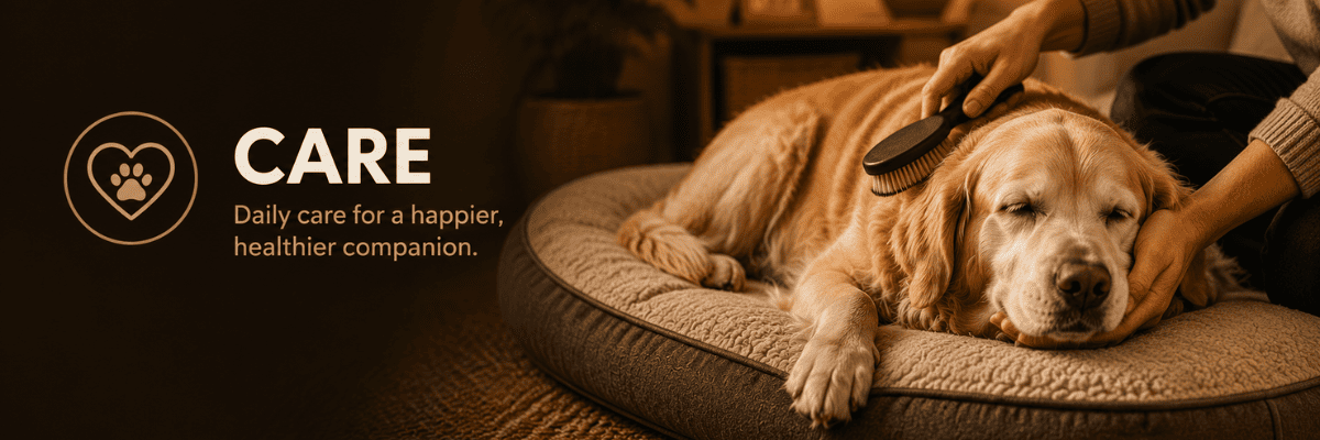 Senior dog lying comfortably while being brushed by its owner.