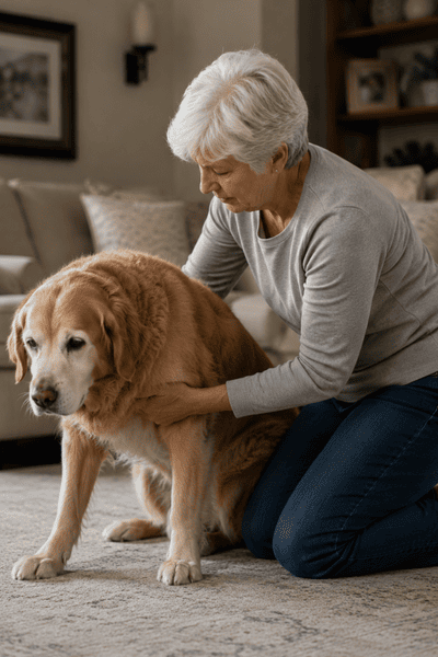 Senior dog attempting to stand while owner gently supports with both hands under torso