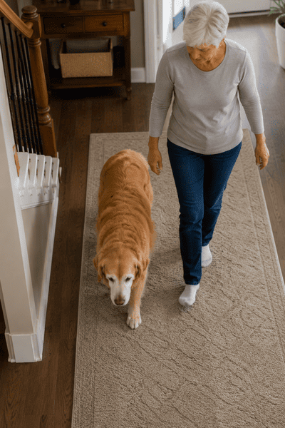 senior dog walking slowly on a non-slip rug while owner walks beside calmly