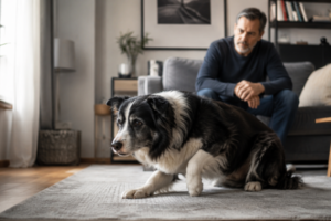 senior dog hesitating to stand while looking slightly uncomfortable, owner observing attentively nearby