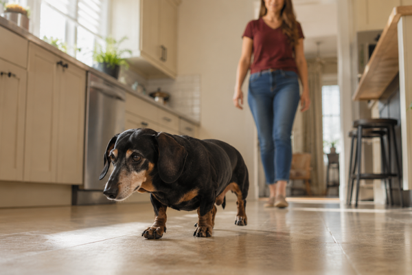 senior dog walking slowly with slight stiffness