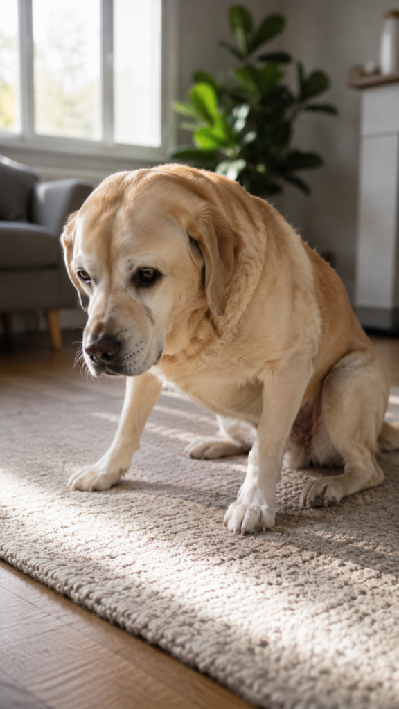 Senior dog slowly standing up from a resting position on a soft rug, showing mild stiffness in a calm indoor home environment