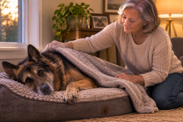 An elderly German Shepherd lies comfortably on an orthopedic dog bed as his owner gently places a light blanket over him.