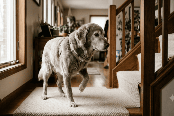 Senior dog hesitating at the base of a staircase indoors, showing uncertainty and reduced mobility in a natural home setting