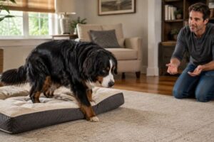 Senior Bernese Mountain Dog slowly getting up from an orthopedic bed while its owner calmly offers support in a safe home environment