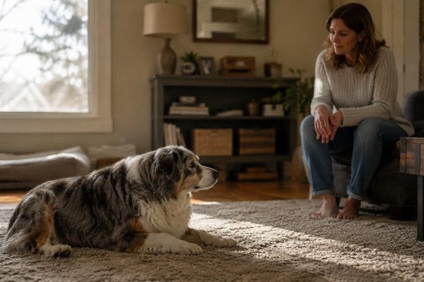 Senior Australian Shepherd showing subtle signs of discomfort while resting at home with owner nearby”