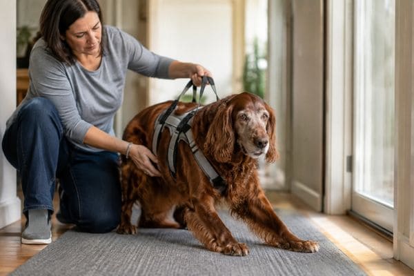 Senior Irish Setter receiving gentle mobility support from an owner using a padded harness while standing on a non-slip surface