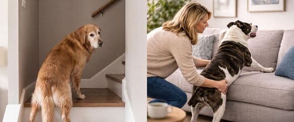 senior dog hesitating before climbing stairs