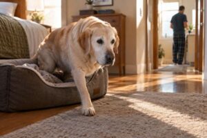Senior Labrador Retriever slowly getting out of an orthopedic dog bed onto a non-slip rug in a warm bedroom while his owner prepares the morning routine nearby.