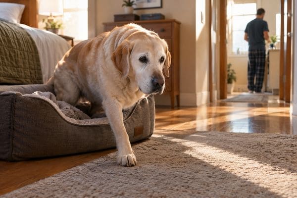 Senior Labrador Retriever slowly getting out of an orthopedic dog bed onto a non-slip rug in a warm bedroom while his owner prepares the morning routine nearby.