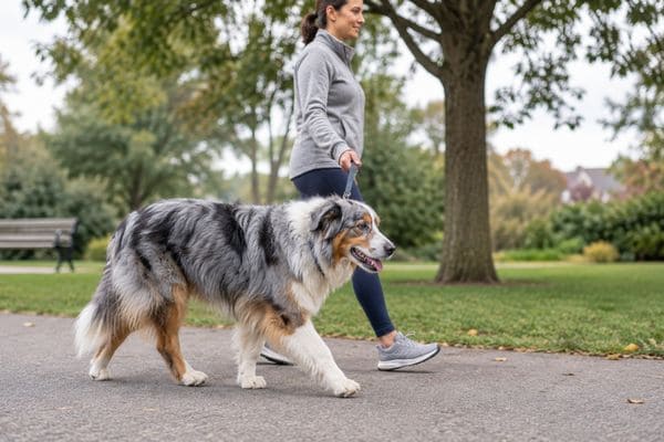 Senior Australian Shepherd walking slowly beside a woman on a flat park path during a gentle low-impact walk.