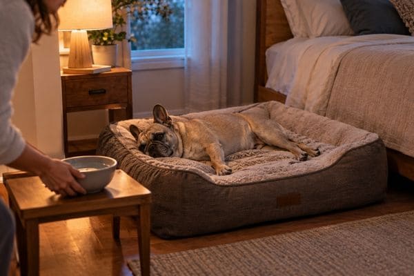 Senior French Bulldog resting on an orthopedic dog bed in a cozy bedroom while a woman places a water bowl nearby.