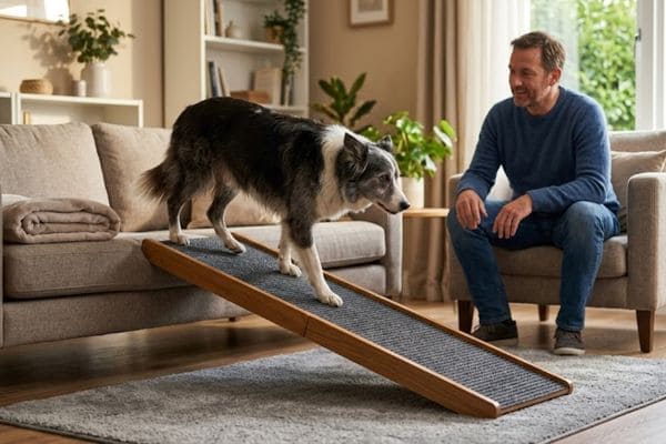 Senior Border Collie using a non-slip ramp to reach a sofa safely